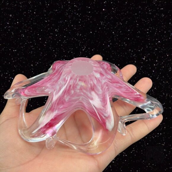 Decorative Art Glass Pink Clear Bowl Basket Swirly Edges 6.5"Wide 2"Tall - Picture 7 of 11